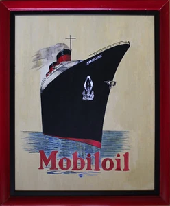 "MOBILOIL / PAQUEBOT NORMANDIE" Peinture gouache sur bois encadrée - Imagen 1 de 2