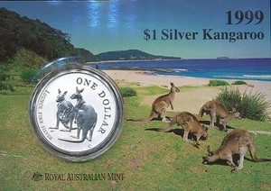 Australia 1999 Silver One Dollar $1 Kangaroo 1oz 999 Silver Coin on Card - Picture 1 of 3