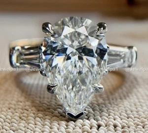 Moissanite Solitaire Engagement Ring 3.50 CT Pear Cut Solid 14K Yellow Gold VVS1 - Picture 1 of 9