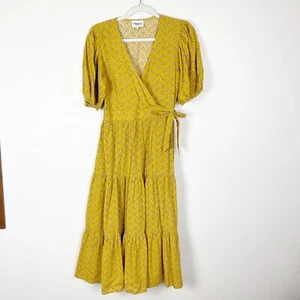 Frnch Paris gelb Blumen Wickel Midi Kleid S V-Ausschnitt Puffärmel Cinch Taille Bindeband - Bild 1 von 10