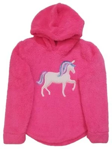 Girls Bright Pink Fuzzy Unicorn Warm Soft Hoodie Sweatshirt Faux Fur L (10-12) - Picture 1 of 1