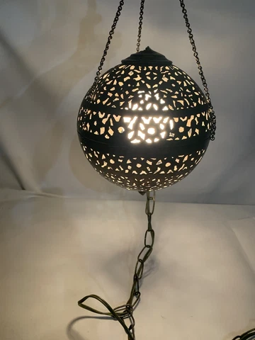 1960s Moroccan Indian Pierced Brass Pendant Swag Lamp MCM Mid Century Cover