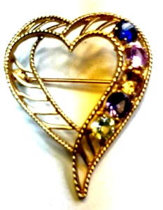 14kt Solid Gold Heart Brooch Pin w/5 stones   5.00 grams - Picture 1 of 3