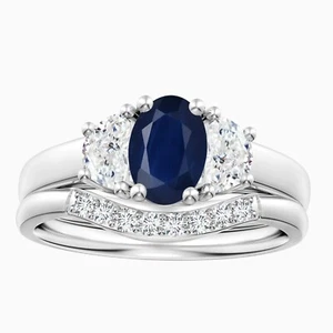 Classic Blue Sapphire Oval Three Stone Bridal Set Ring in 925 Sterling Silver - Picture 1 of 5