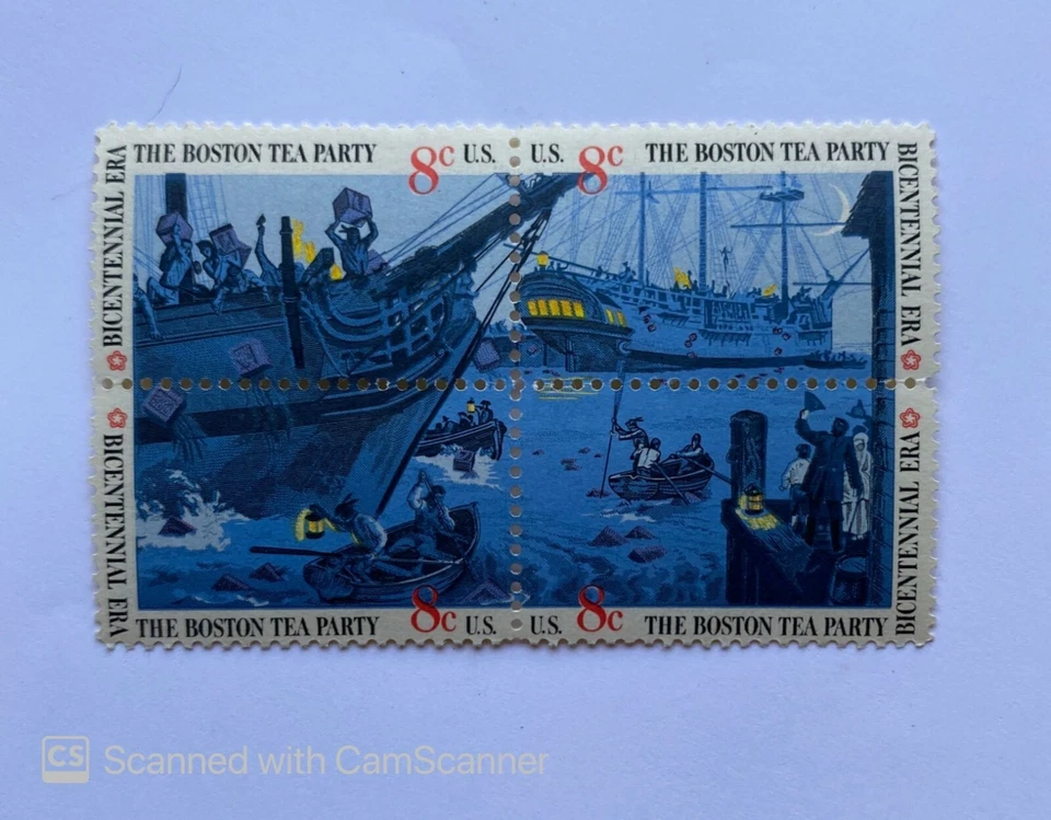 US STAMP THE BOSTON TEA PARTY , BICENTENNIAL ERA ,BLOCK OF 4 , 8 CENTS			 - Image 1 of 1