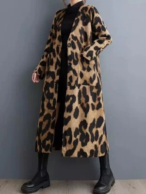 Brown Black Classic Urban Chic Street Edgy Arty Leopard Jacket Midi Coat  16 - Image 1 of 4