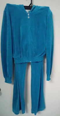 Vintage Y2K Medium Refuge Jogging Outfit Velour Set Tracksuit Blue Hoodie Pants - Image 1 of 4
