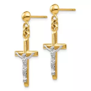 14K Real Gold Jesus Christ Crucifix Earrings- 14K 2T Gold Earrings- TE608 - Picture 1 of 8