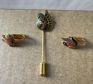 Vintage Schwan Cloisonné Pin und Clip On Ohrringe Set - Bild 1 von 8