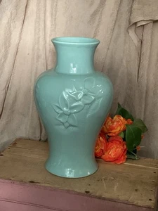 Haeger USA Teal / Turquiose / Robin Egg Ceramic Vase With Floral Pattern 12 1/2” - Picture 1 of 5