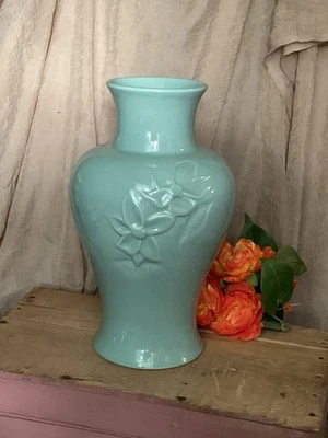 Haeger USA Teal / Turquiose / Robin Egg Ceramic Vase With Floral Pattern 12 1/2” - Image 1 of 4