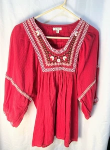 Top túnica campesina boho bordada Max Studio rojo 100 % algodón India M - Imagen 1 de 9