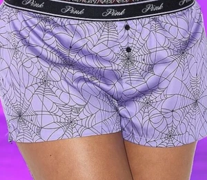 PINK VS Silky Boxy PJ Shorts Lyocell Purple Halloween Spiderwebs Women’s Large - Picture 1 of 5