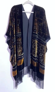 Poncho vintage burnout velluto seta frange floreali scialle arte da indossare artsy gipsy boho - Foto 1 di 17