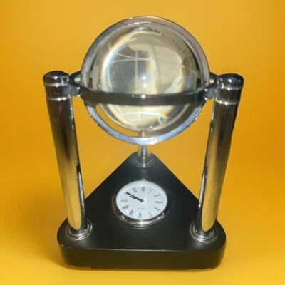 Desktop Quartz Clock with Rotating Globe World Glass Etched Frosted & Clear ✅ - Image 1 of 4