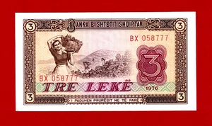 ALBANIA THREE 3 TRE LEKE 1976 RARE UNCIRCULATD BANKNOTE (Pick-41a) Woman Basket - Picture 1 of 2