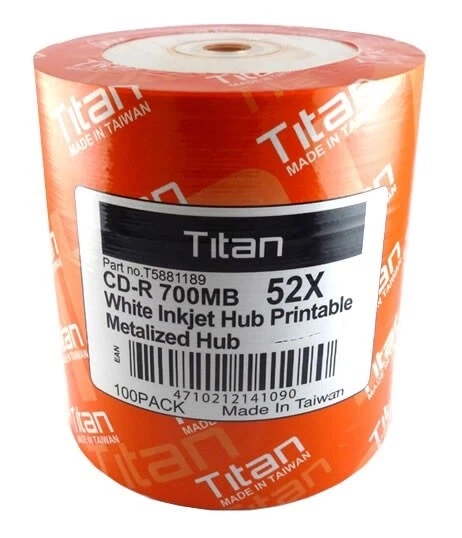 1000-PK 52X TITAN Brand  White Inkjet Hub Printable Blank CD-R CDR Disc 700MB - Image 1 of 1