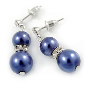 Purple Ceramic Double Bead/Crystal Ring Drop Earrings/ Silver Tone/ 30mm L/9mm D