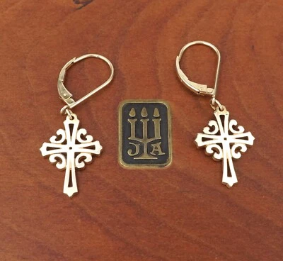 James Avery Adorned Cross Leverback Earrings 14k Yellow Gold 1.5" Retired EG2462 - Image 1 of 4