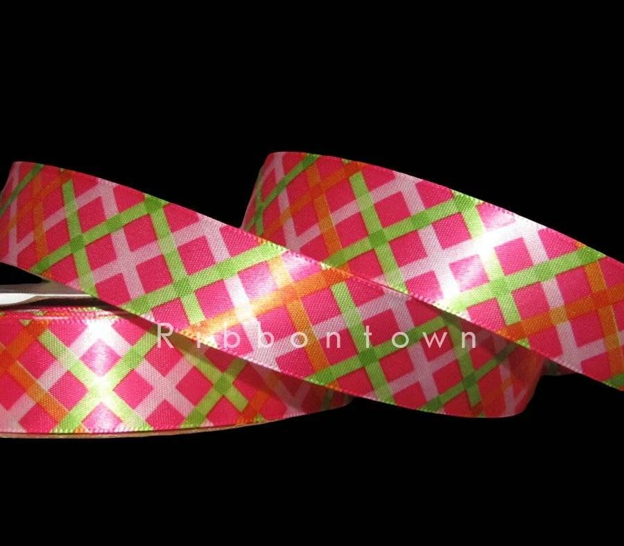 10 Yards Pink Green Orange Lattice Plaid Satin Ribbon 7/8"W - Image 1 of 1