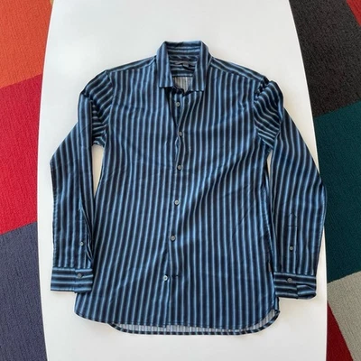 John Varvatos Hombre Pequeño Azul Negro Rayas Manga Larga Abotonada Clásico Foto 1 de 4