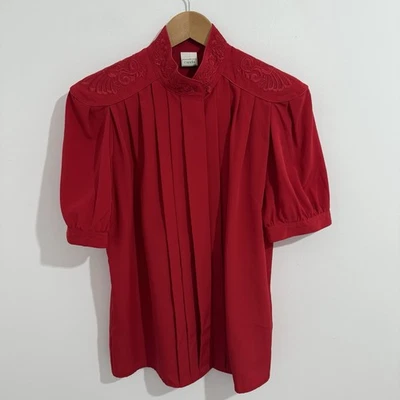 Vintage Red Blouse 80s Satin Embroidered Pleated Mandarin Collar Canda UK 14 16 - image 1 of 4
