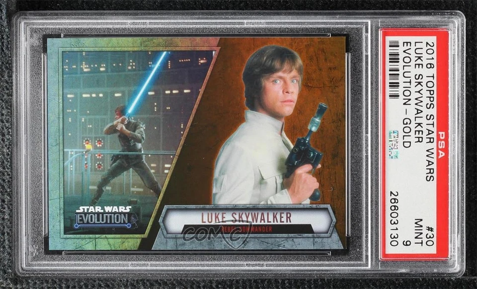 2016 Topps Star Wars Evolution Gold 34/50 Luke Skywalker #30 PSA 9 MINT w3d - Image 1 of 3