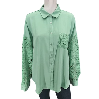 Blusa Kate & Mallory Mujer Top Talla XL Verde Botón Frontal Crochet Encaje Mangas Foto 1 de 4