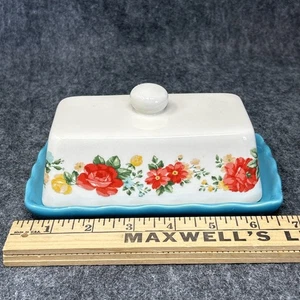 Pionierin Steinzeug Butterdose Blumenmuster gewellte Kanten Vintage Charm - Bild 1 von 9