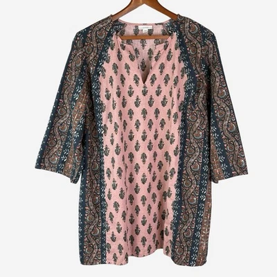J Jill Pure Jill Folkloric Stamped Tunic Top XL Linen Blend Pink Paisley Boho - Image 1 of 4