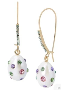 Betsey Johnson Gold Tone White Faux Pearl Egg Shaped Drop Earrings Crystal NIB - Picture 1 of 5