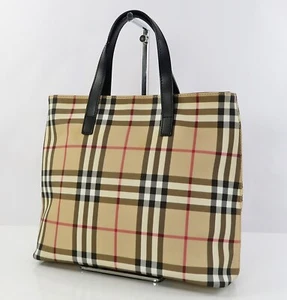 Auth BURBERRY Beige House Check PVC Canvas and Leather Tote Bag Purse #59042 - Picture 1 of 14