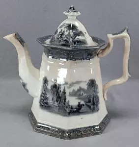 TJ&J Mayer Rhone Scenery Flow Black Transferware Coffee Pot Circa 1842-1855 - Picture 1 of 12