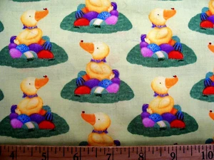 CUTE DUCK ON A NEST OF FANCY DECORATED EASTER EGGS GREEN COTTON FABRIC 1 YARD - Picture 1 of 2