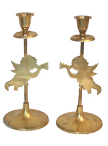 Angel Cupid Gold Tone Candlesticks with Patina Vintage 9.25" Tall