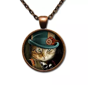 Dapper Tabby Cat Feline - Handmade ROUND Glass Pendant Necklace Jewlery - Picture 1 of 10