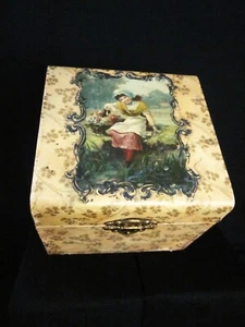 Antique Celluloid Collar Box Girl w/ Flower Basket Blue Satin Inside 3 Collars - Picture 1 of 7