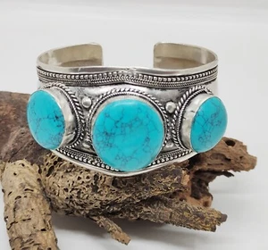 PT14 Brazalete Brazalete Tribal Étnico Asiático Tibetano Plata Turquesa Hecho a Mano Nepal - Imagen 1 de 3