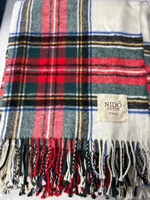 Nido Notte Italian Plaid Woven Blanket Red/Green/White Fringe Soft & Stylish - Image 1 of 4