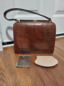 VINTAGE BELLESTONE GENUINE LIZARD BROWN PURSE HAND BAG MIRROR & CHANGE WALLET - Picture 1 of 11