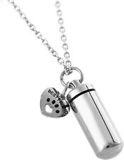Pet Paw Heart Charm & Cylinder Memorial Urn Necklace Stainless Steel Jewelry US