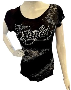 ✨Junior’s Limited Edition Affliction Sinful Rare Top, Black, Rhinestones Medium - Picture 1 of 7