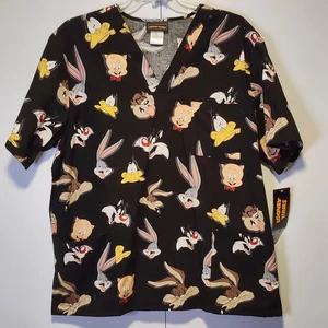 Tooniforms By Cherokee Women's V-Neck Knit Panel Looney Tunes Print Scrub Top  - Picture 1 of 15
