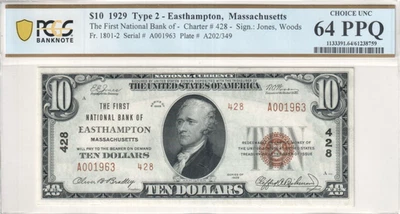 1929 $10 Dollars T2 National EASTHAMPTON Massachusetts MA A001963 PCGS 64 PPQ - Image 1 of 4
