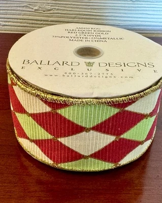 Ballard Designs Red, Green, & Gold Harlequin Jester  Wired Ribbon 2.5" x 10 yds - Image 1 of 4