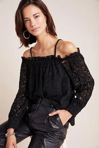 Anthropologie Eri + Ali Romana Lace Top Blouse Size Small Black New Tag $78 NWT - Picture 1 of 8