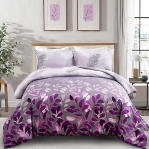 Lila Bettdecken-Set King, Botanische Blätter Bettdecke für Kingsize-Bett 3-teilig Reve - Bild 1 von 7