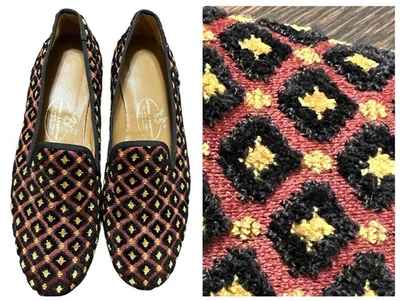 Mocasines Stubbs & Wootton Needlepoint‎ Sin cordones Negro Rojo Terciopelo Estampado Talla 7.5 Foto 1 de 4