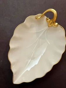 Vintage Lenox Porcelain Leaf-Shaped Dish, 7-1/2 in. X 5", Ivory W/Gold Trim - Picture 1 of 6