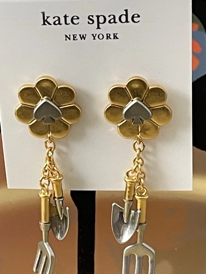 Pendientes colgantes Kate Spade GARDEN GLAM TOOLS enchapados en oro/plata mate NUEVOS + BOLSA PARA EL POLVO Foto 1 de 3